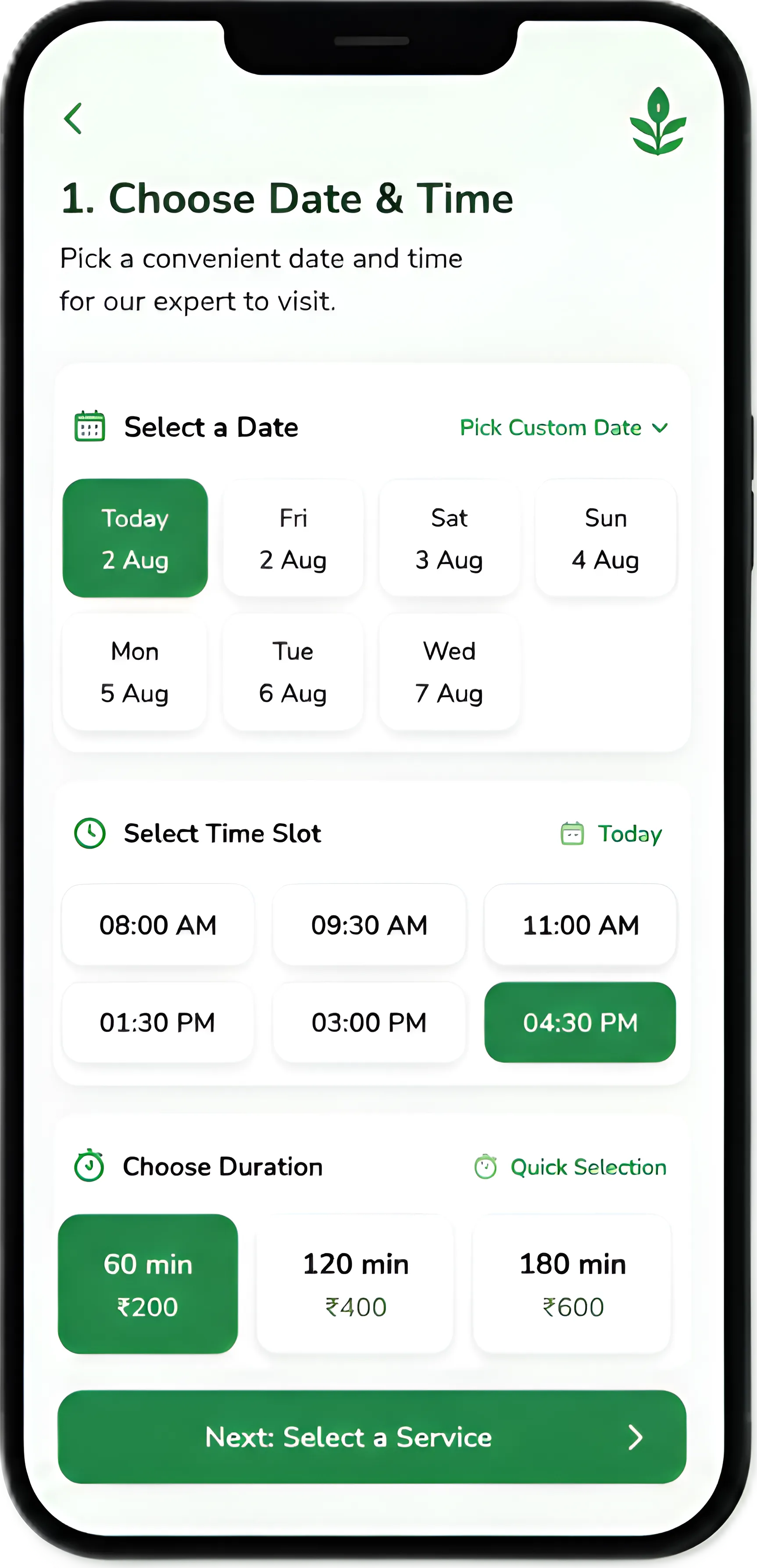Select a Service screen in the ProGarden app